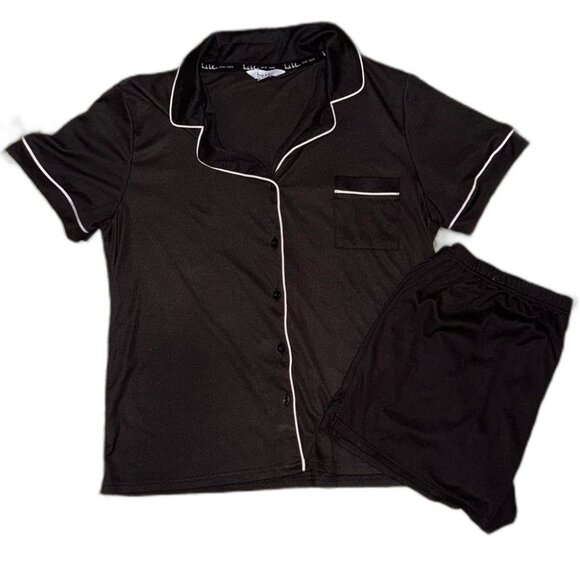 Nicole Miller Black Ribbed PJ Set Size XL Button-Up Collar Tee with Shorts - Picture 1 of 6